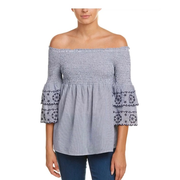 beachlunchlounge Tops - BeachLunchLounge Blue Ruffle Off the Shoulder Top